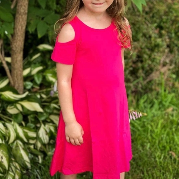 Bright Pink Rose Red Short Sleeve Cold Shoulder Swing Casual Dress - Picture 2 of 5